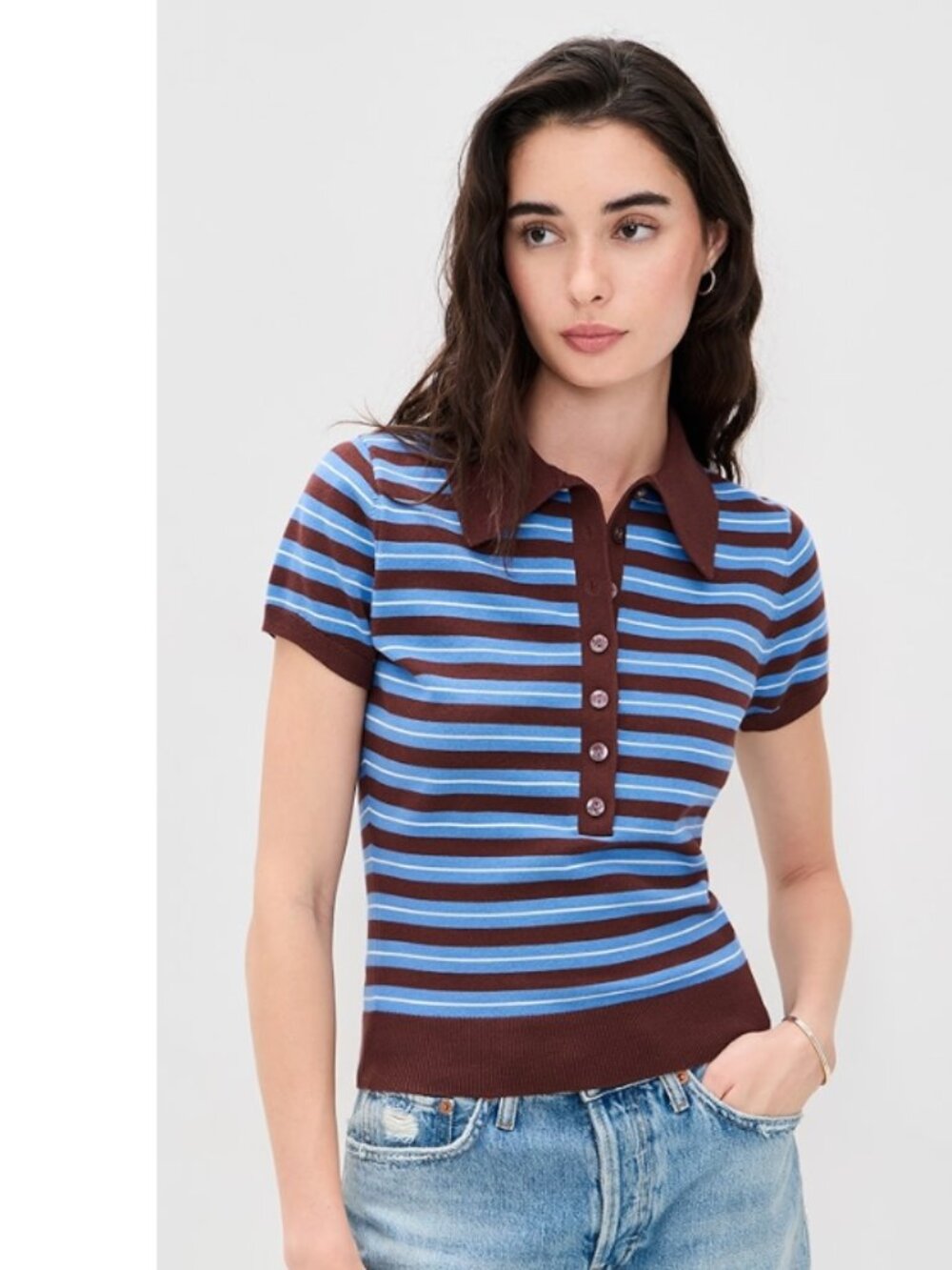 Reformation Bentley Cotton Polo Mahogany Multi Stripe Sweater Small